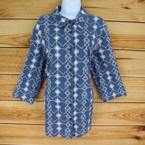Vicki Wayne Button Up Long Shirt Womens XL‎ Blue Geometric Polyester 3/4 Sleeve